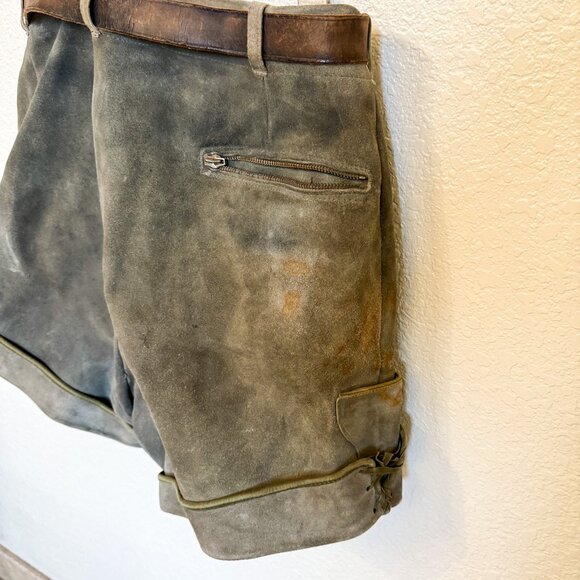 Vintage Green Suede Lederhosen Deer Crest Women's Oktoberfest Folk Costume - Picture 9 of 11